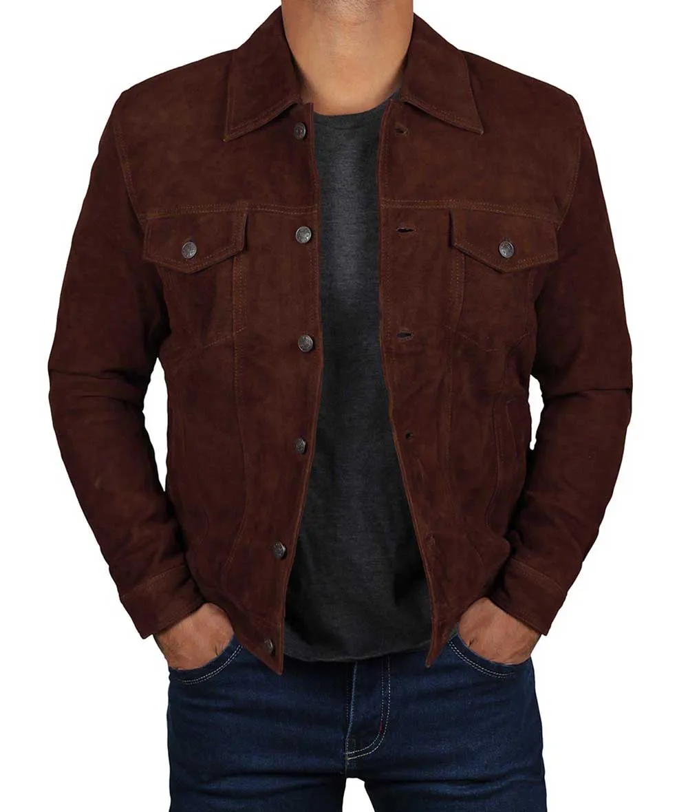 Dark Brown Trucker Suede Jacket for Men