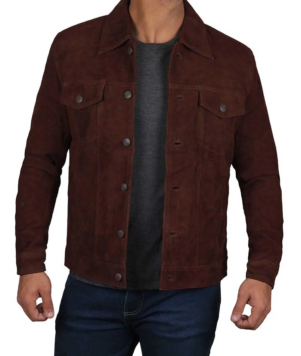 Dark Brown Trucker Suede Jacket for Men