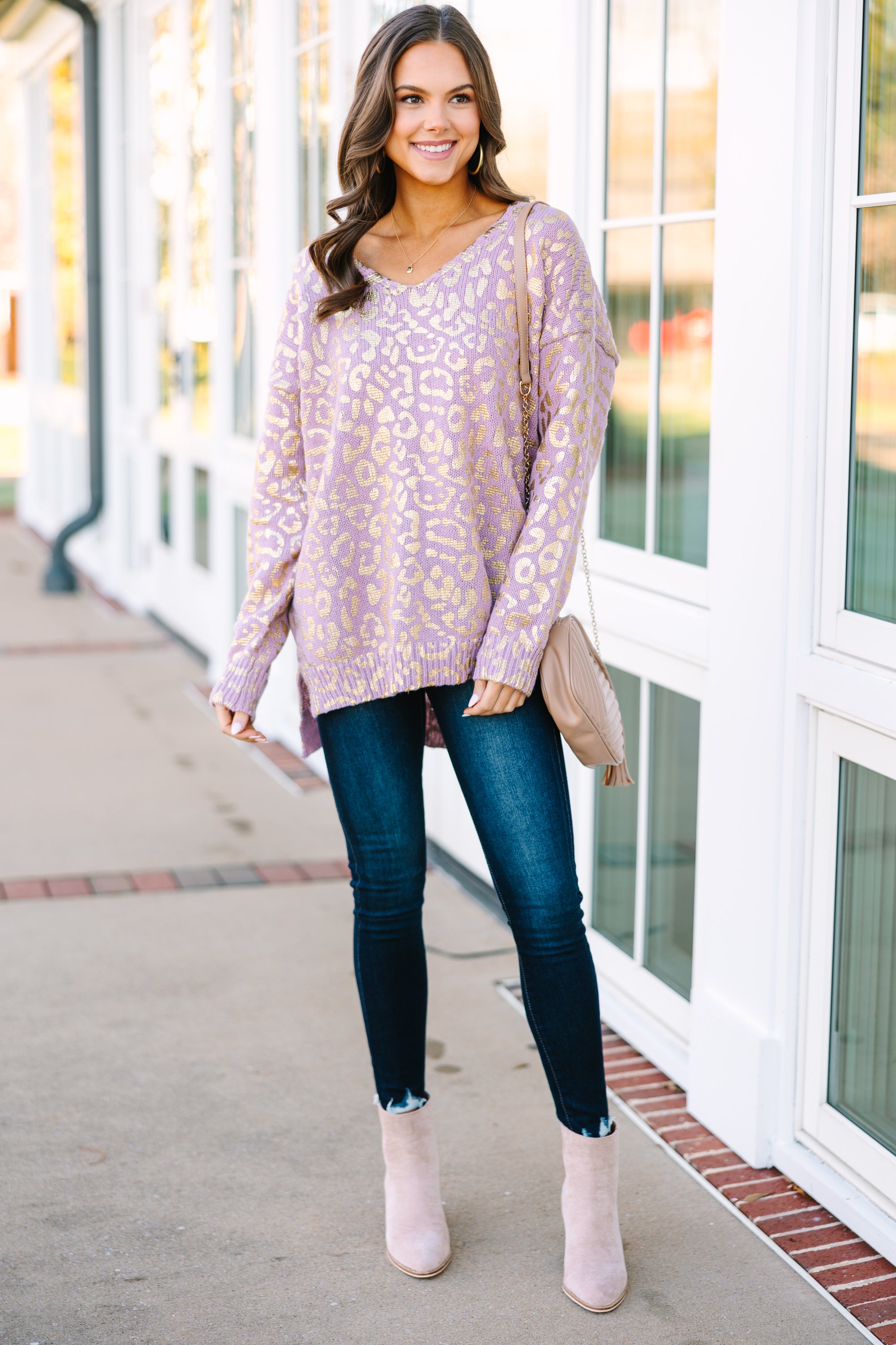 Don't Let Me Go Mauve Pink Metallic Leopard Sweater