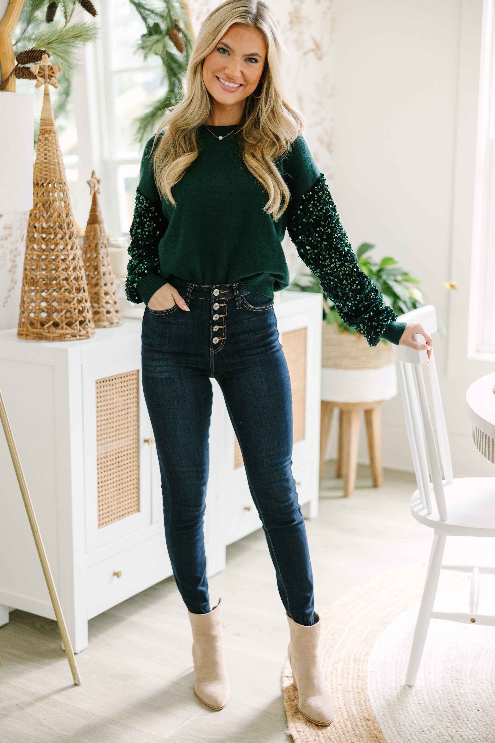 Don't Think Twice Emerald Green Sequin Sweater