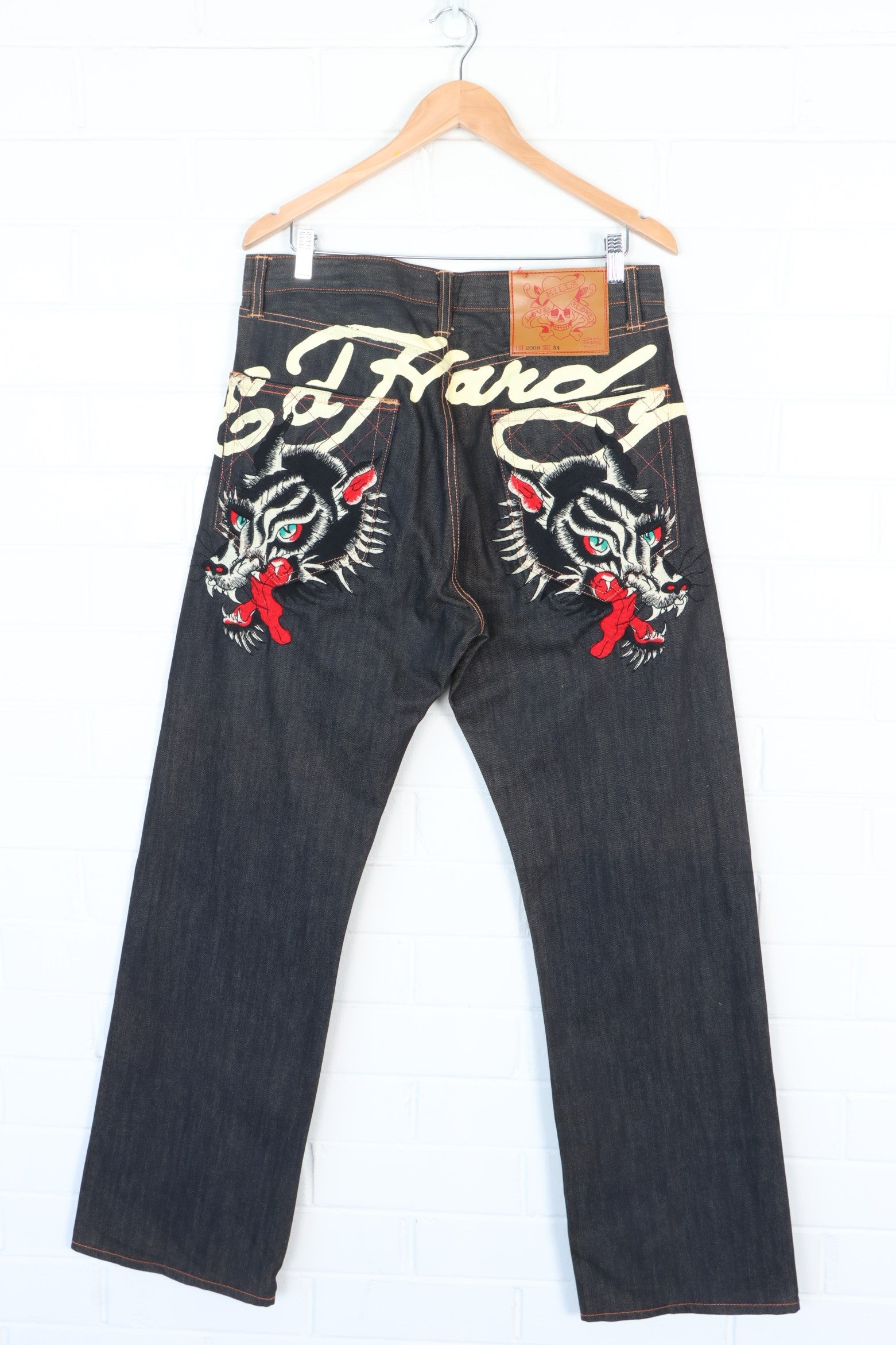 ED HARDY Christian Audigier Double Wolf Embroidered Y2K Jeans (34)