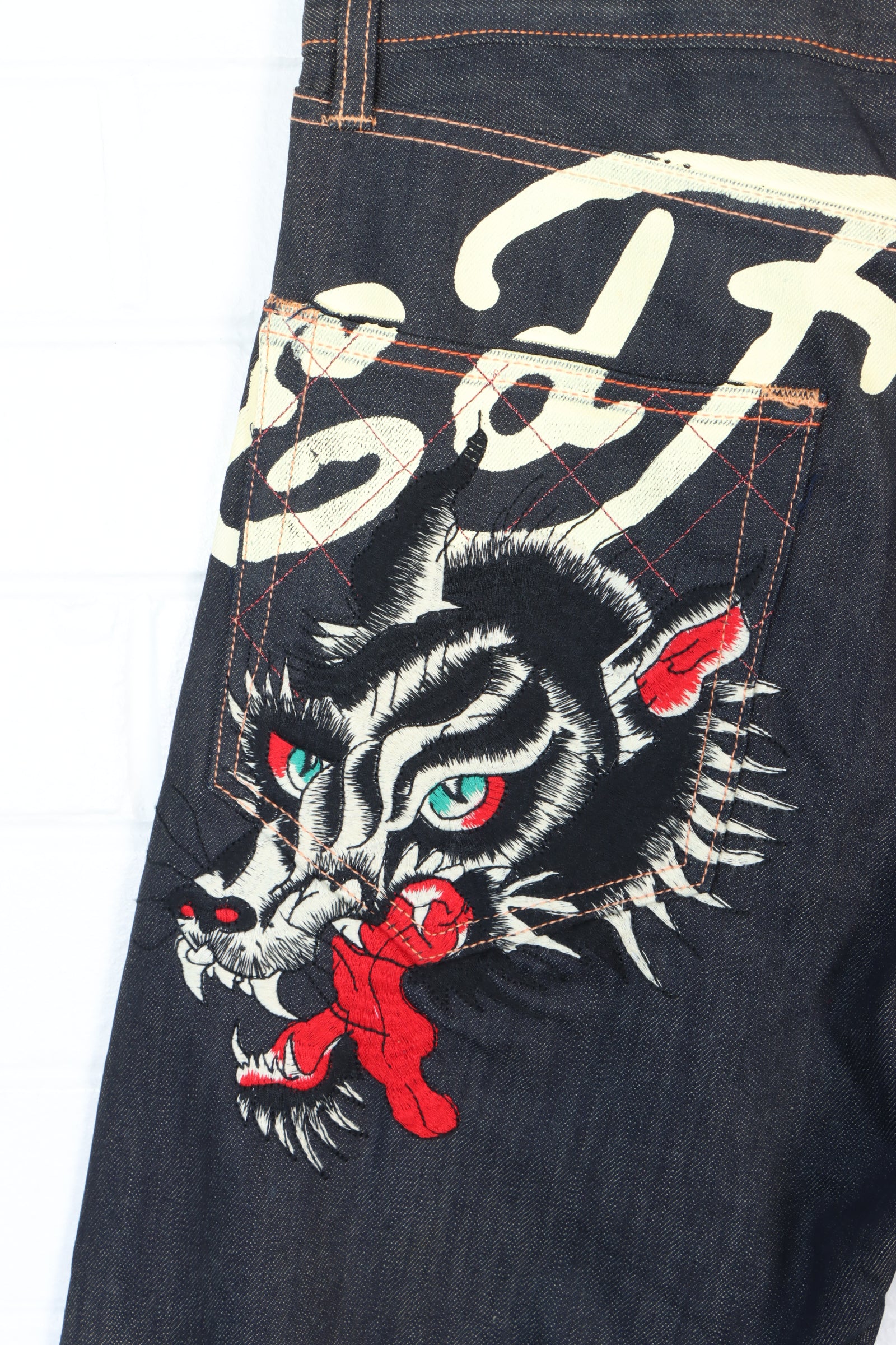 ED HARDY Christian Audigier Double Wolf Embroidered Y2K Jeans (34)