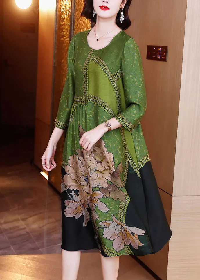 Elegant Green O Neck Print Patchwork Silk Long Dresses Spring