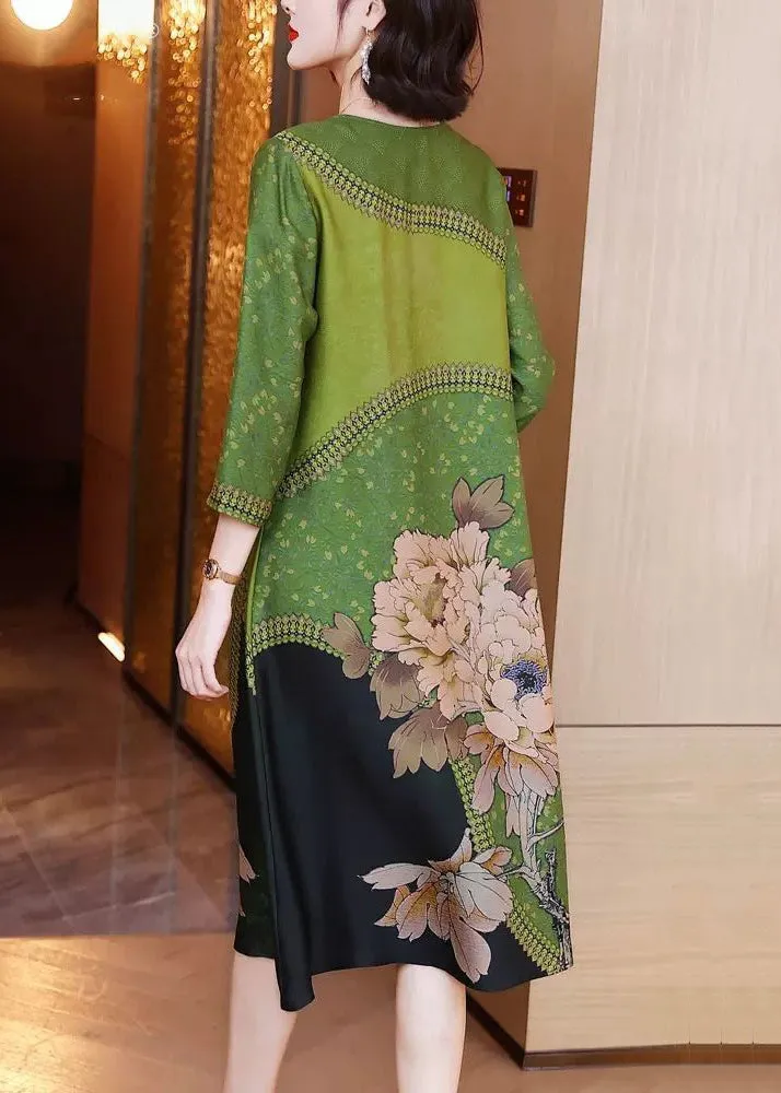 Elegant Green O Neck Print Patchwork Silk Long Dresses Spring