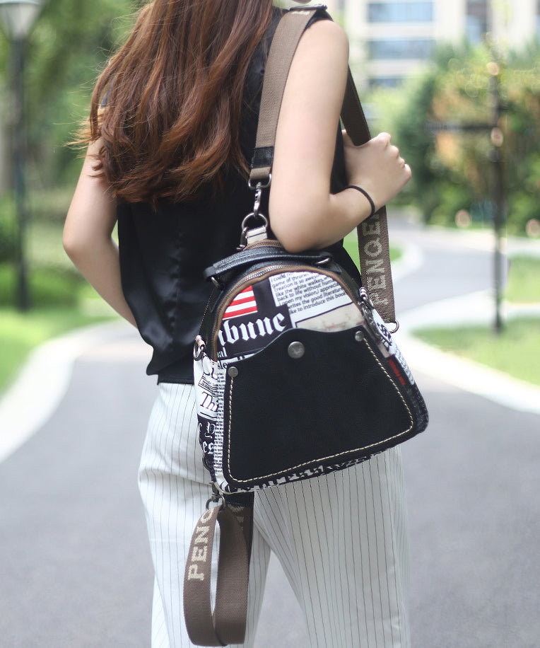 Fashion Black Graphic Cotton Patchwork Calf Leather Satchel Bag Handbag ZX1005