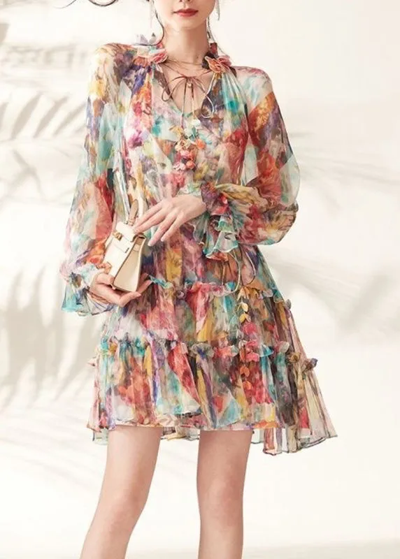 Fashion Rainbow Print Ruffled Lace Tie Mid Dresses Spring