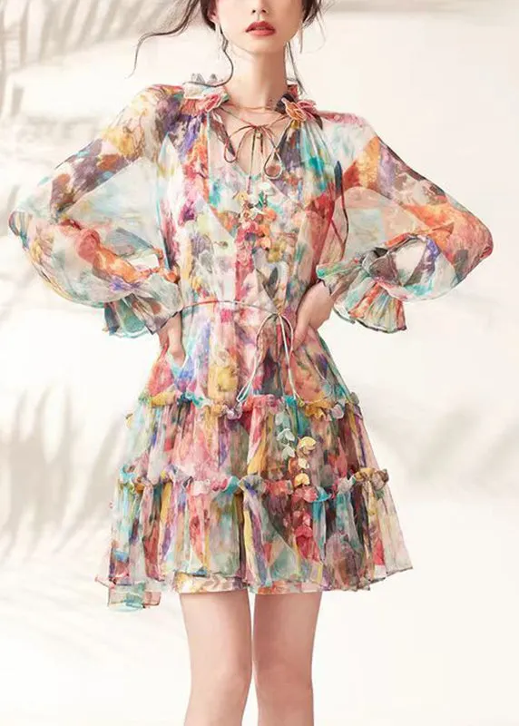 Fashion Rainbow Print Ruffled Lace Tie Mid Dresses Spring