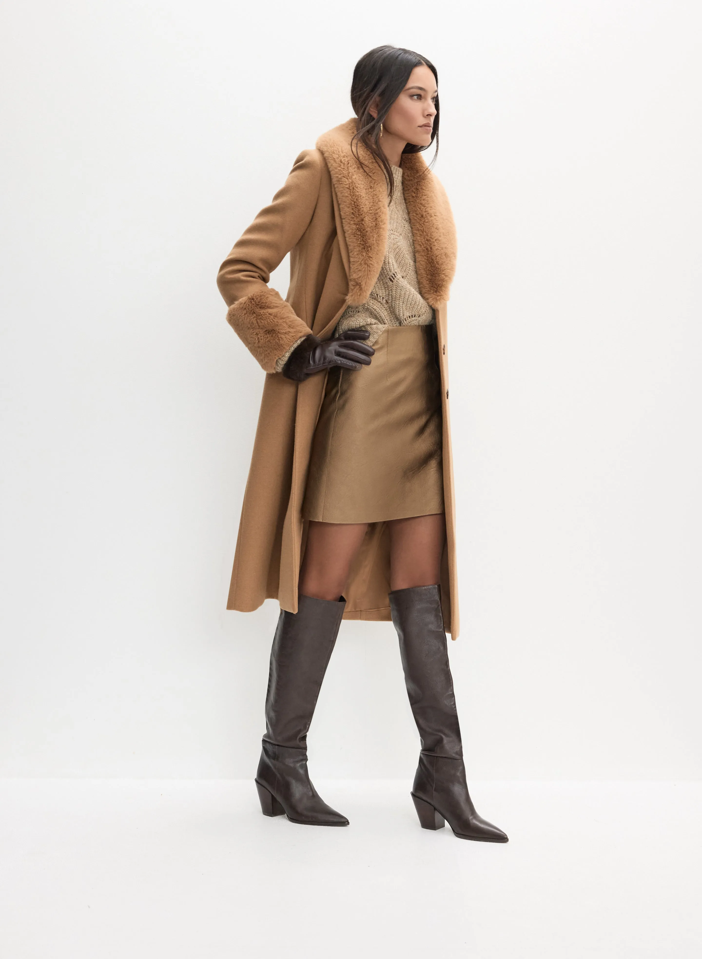 Faux Furr Detail Trench Coat