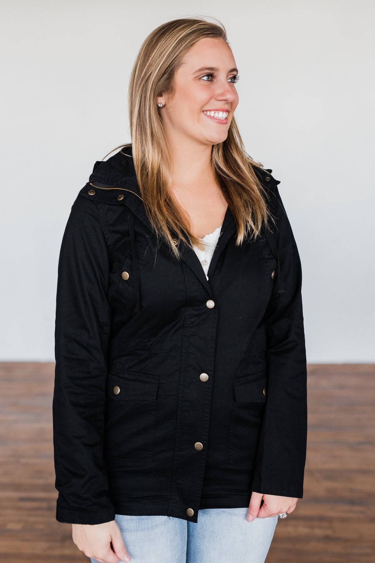 Flannel Lined Hood Utility Jacket- Black