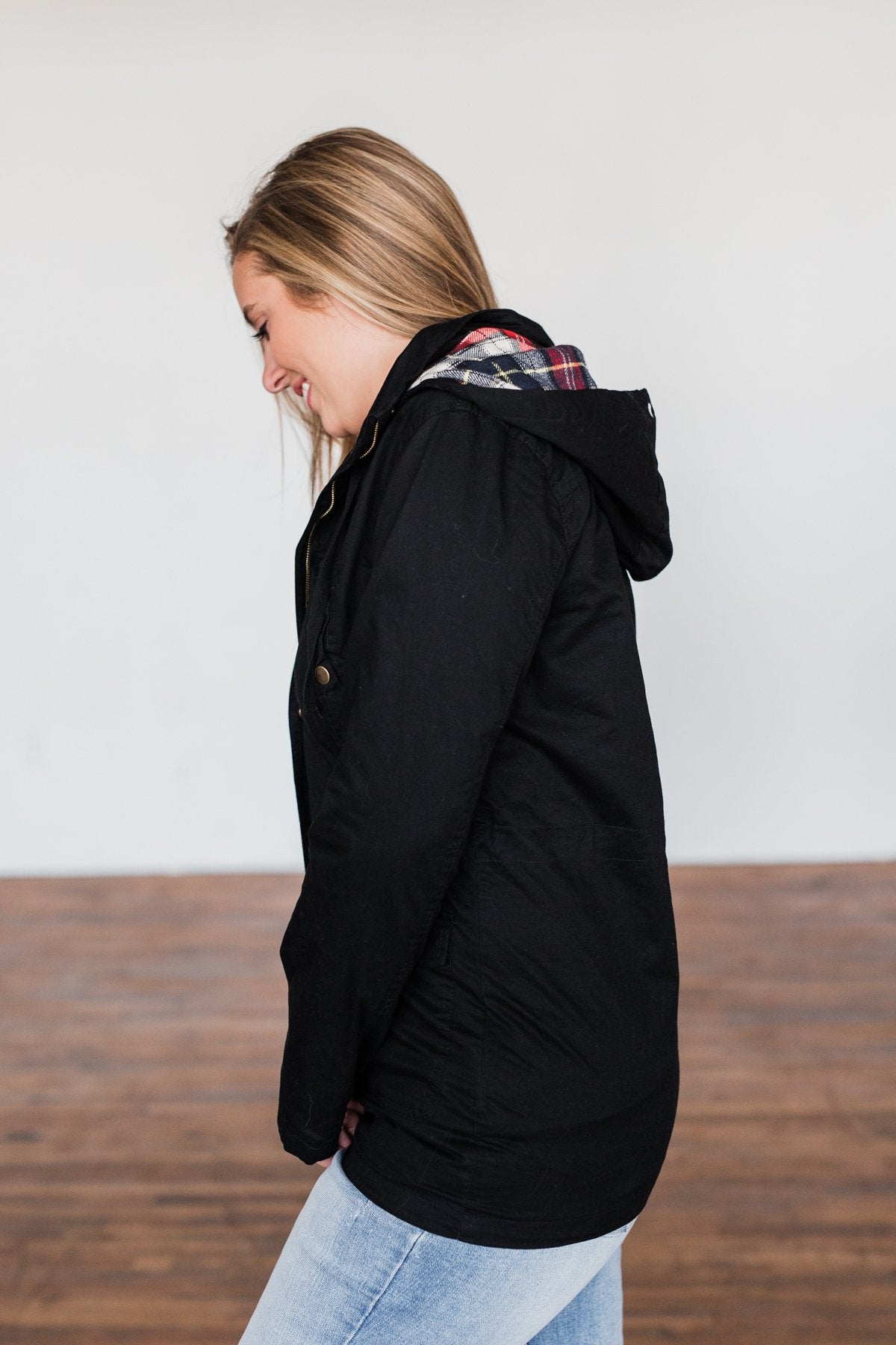 Flannel Lined Hood Utility Jacket- Black