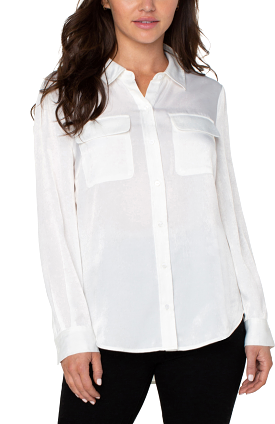 Flap Pocket Button Up Woven Blouse in Cream