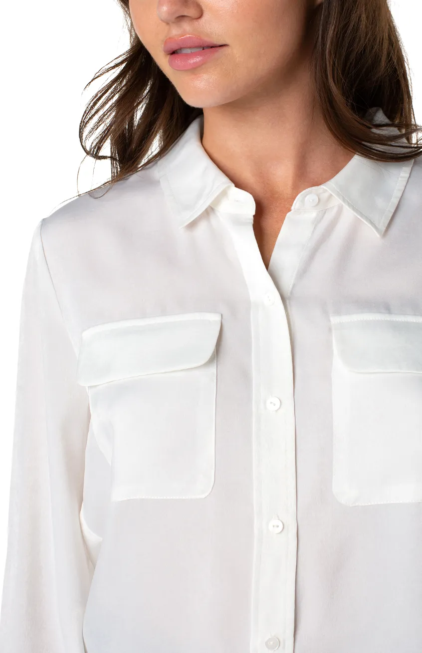 Flap Pocket Button Up Woven Blouse in Cream