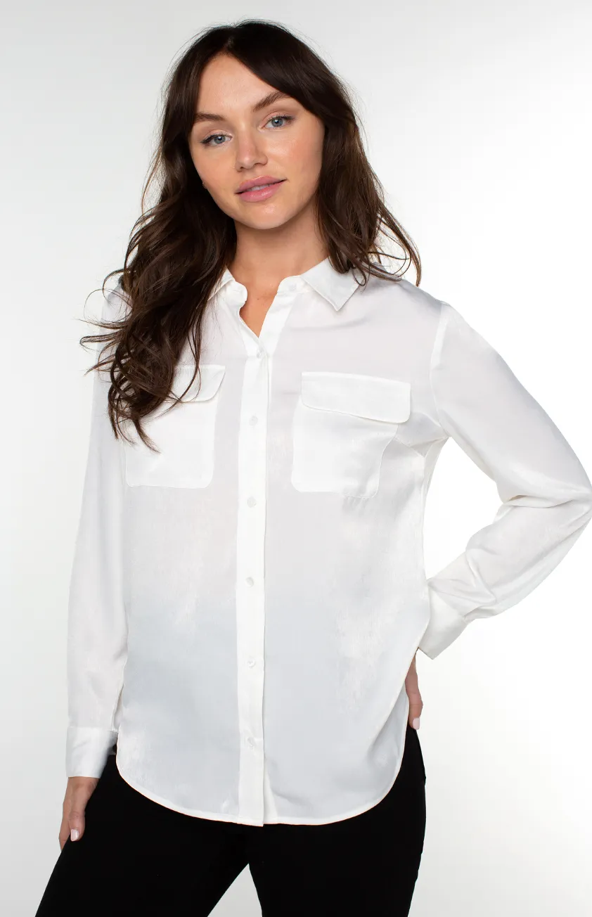 Flap Pocket Button Up Woven Blouse in Cream