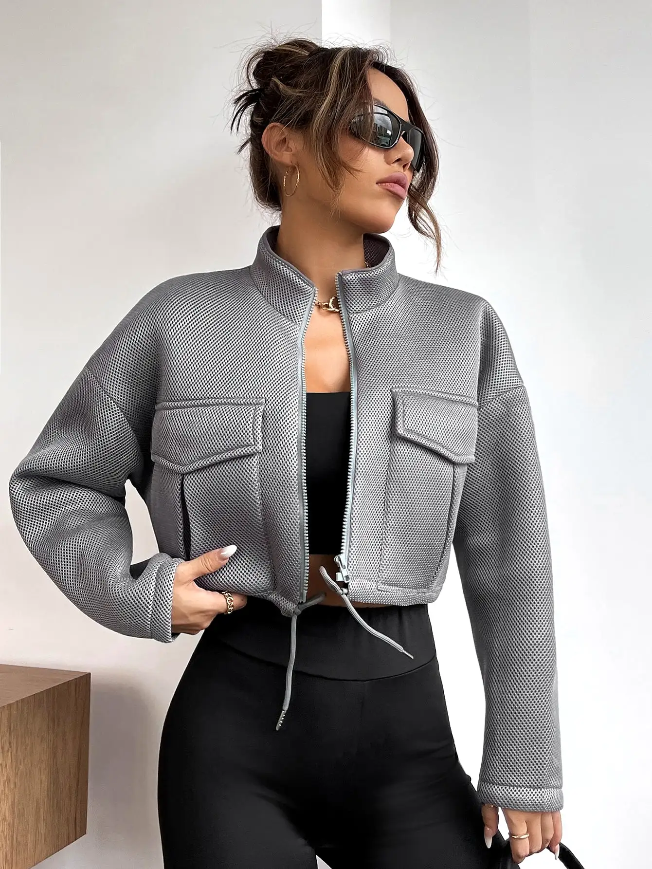 Flap Pocket Drawstring Hem Crop Jacket