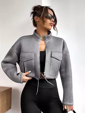 Flap Pocket Drawstring Hem Crop Jacket