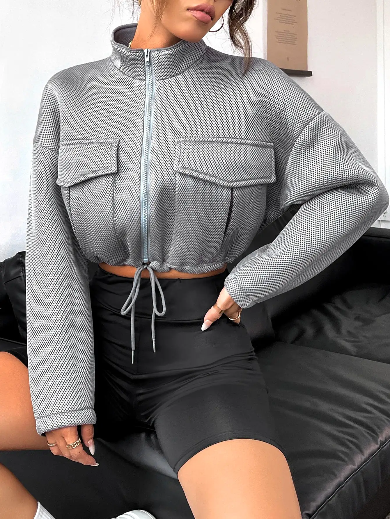 Flap Pocket Drawstring Hem Crop Jacket