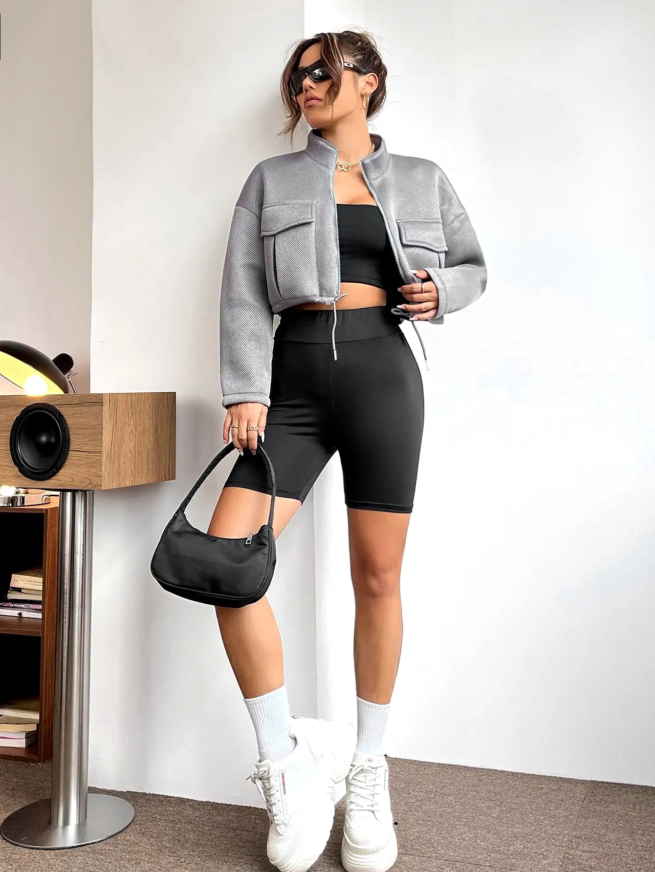 Flap Pocket Drawstring Hem Crop Jacket