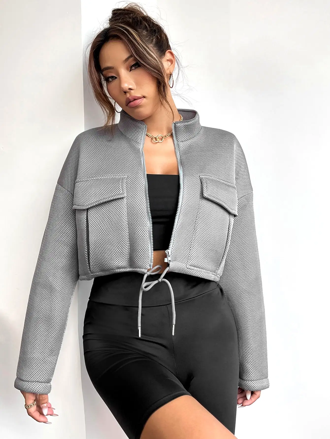 Flap Pocket Drawstring Hem Crop Jacket