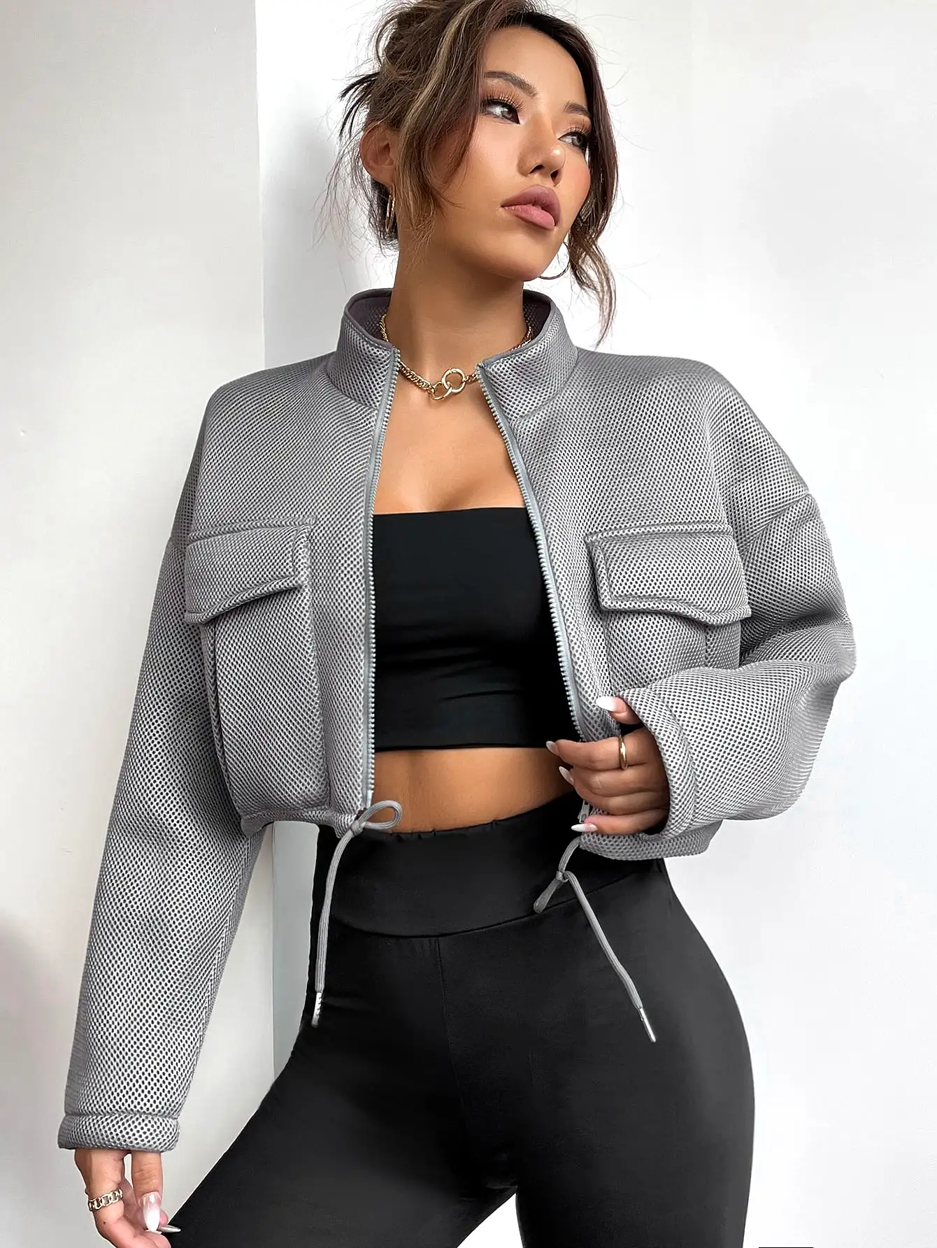 Flap Pocket Drawstring Hem Crop Jacket