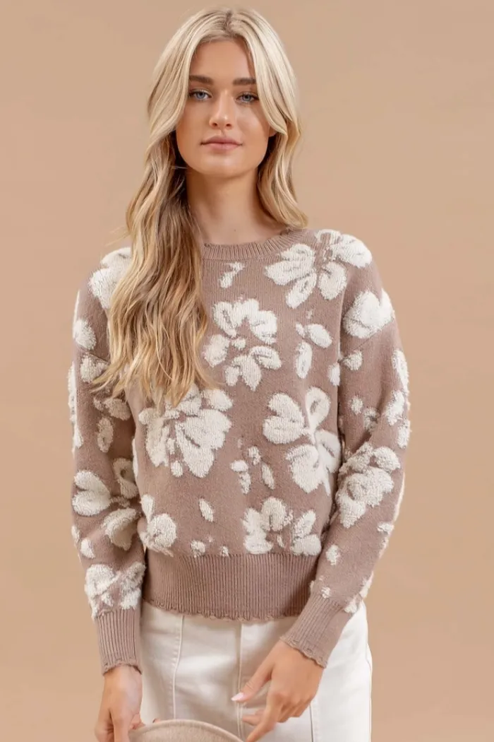 Floral Distressed  Terry Knit Sweater