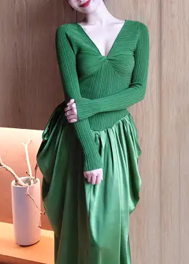 French Green V Neck High Waist Patchwork Knit Dresses Long Sleeve AS1063