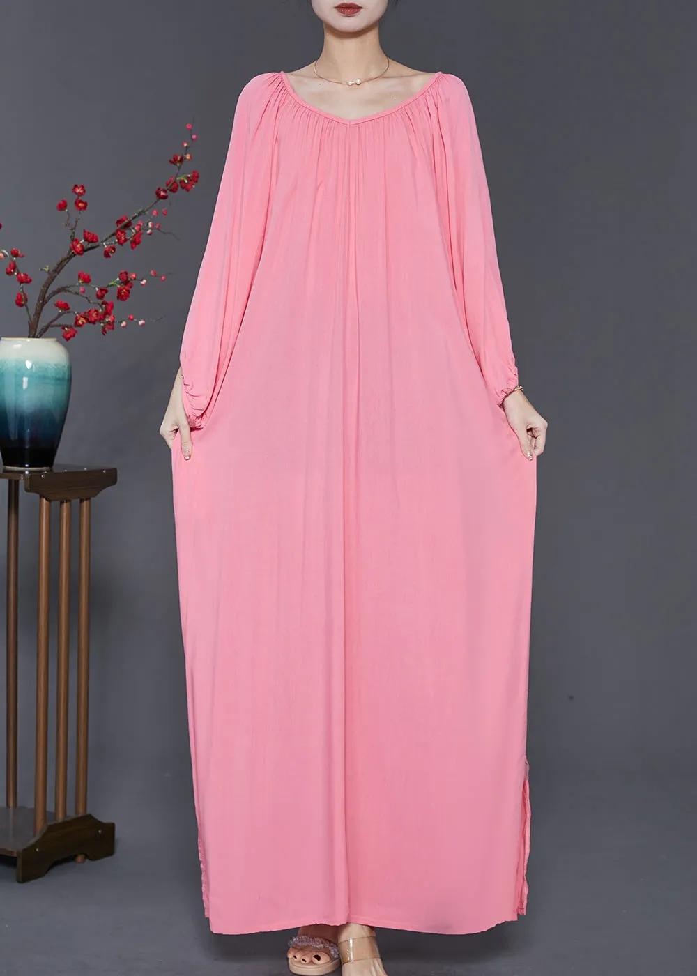 French Pink Oversized Cotton Maxi Dresses Spring