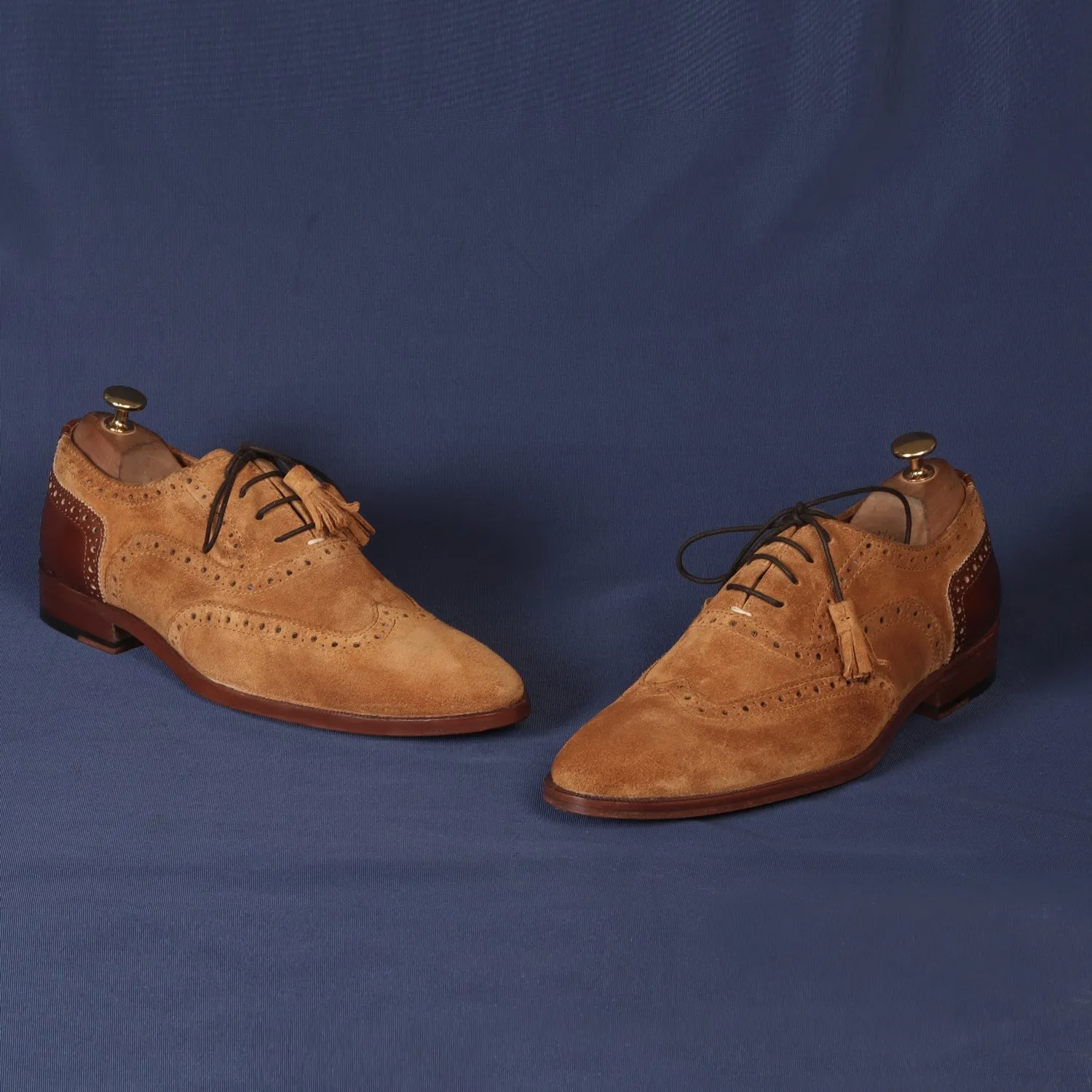 Full Wingtip Camel Suede Punching Brogue With Tassel Oxfords Lace-Up Leather Heel Cap Shoe By Brune & Bareskin