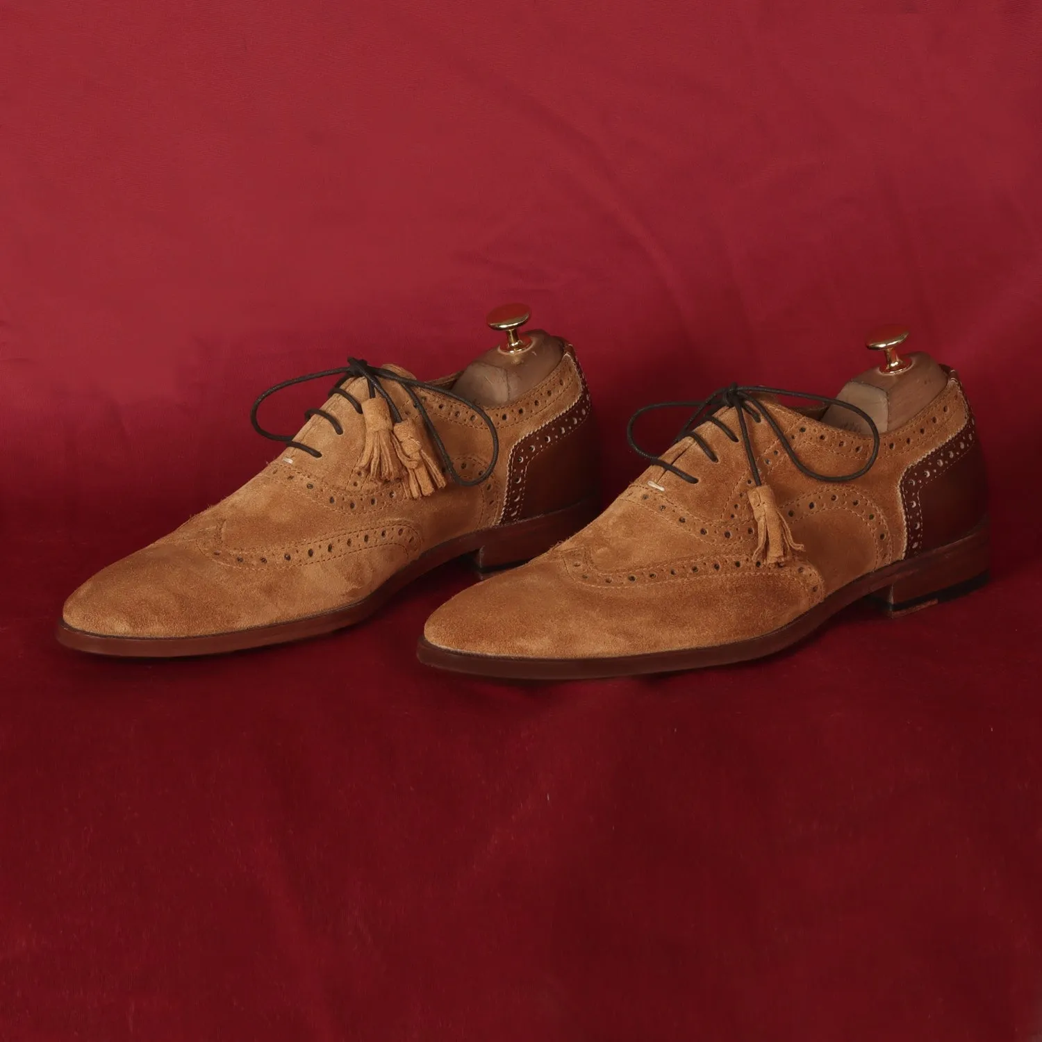 Full Wingtip Camel Suede Punching Brogue With Tassel Oxfords Lace-Up Leather Heel Cap Shoe By Brune & Bareskin