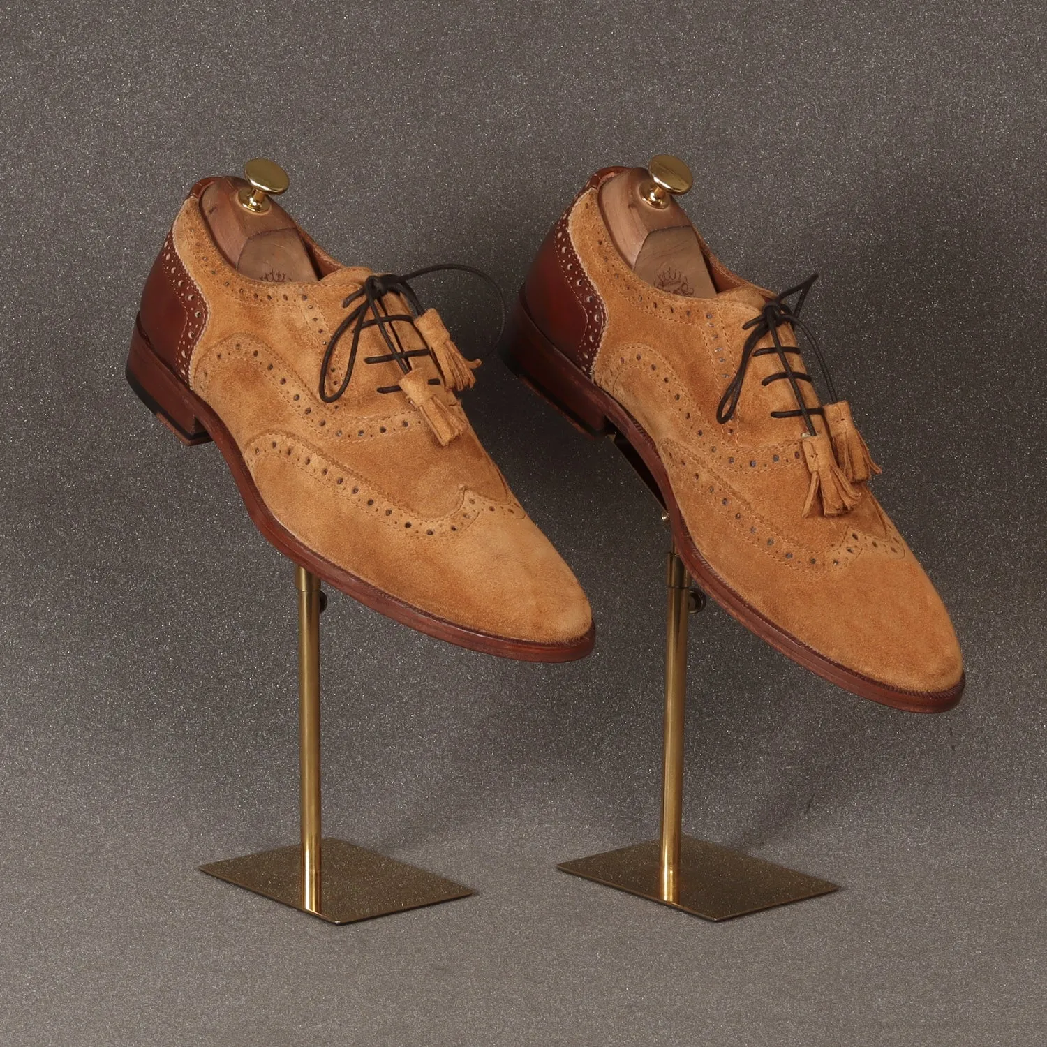 Full Wingtip Camel Suede Punching Brogue With Tassel Oxfords Lace-Up Leather Heel Cap Shoe By Brune & Bareskin