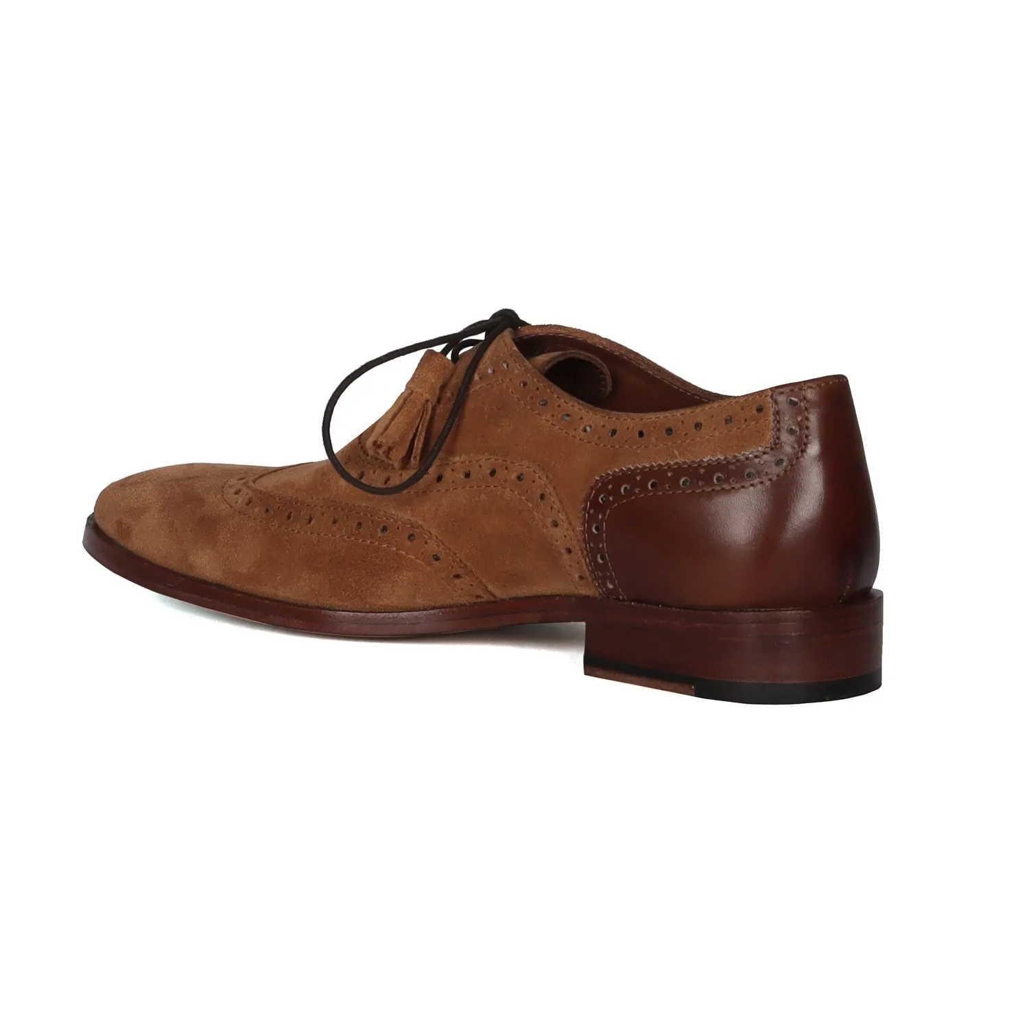 Full Wingtip Camel Suede Punching Brogue With Tassel Oxfords Lace-Up Leather Heel Cap Shoe By Brune & Bareskin