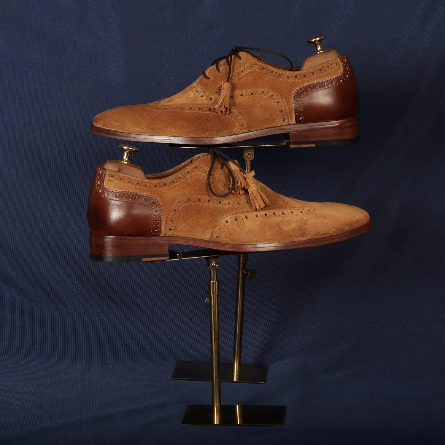 Full Wingtip Camel Suede Punching Brogue With Tassel Oxfords Lace-Up Leather Heel Cap Shoe By Brune & Bareskin