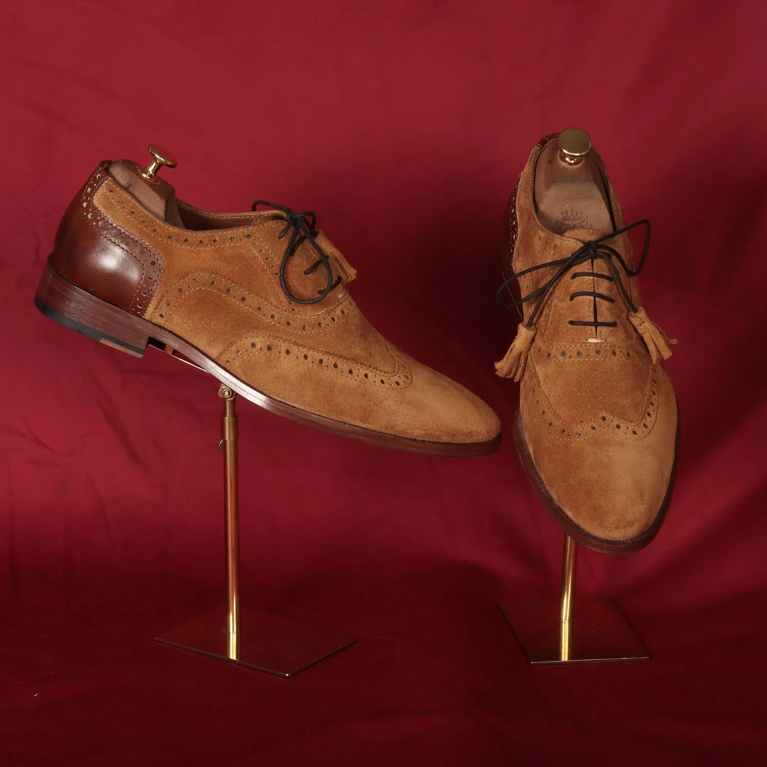 Full Wingtip Camel Suede Punching Brogue With Tassel Oxfords Lace-Up Leather Heel Cap Shoe By Brune & Bareskin