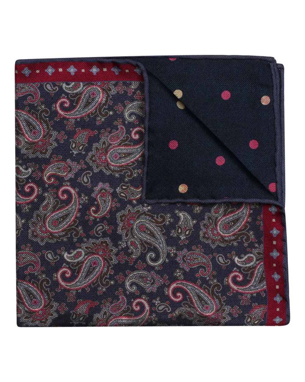 Fusia and Blue Paisley and Polka Dot Reversible Silk Pocket Square