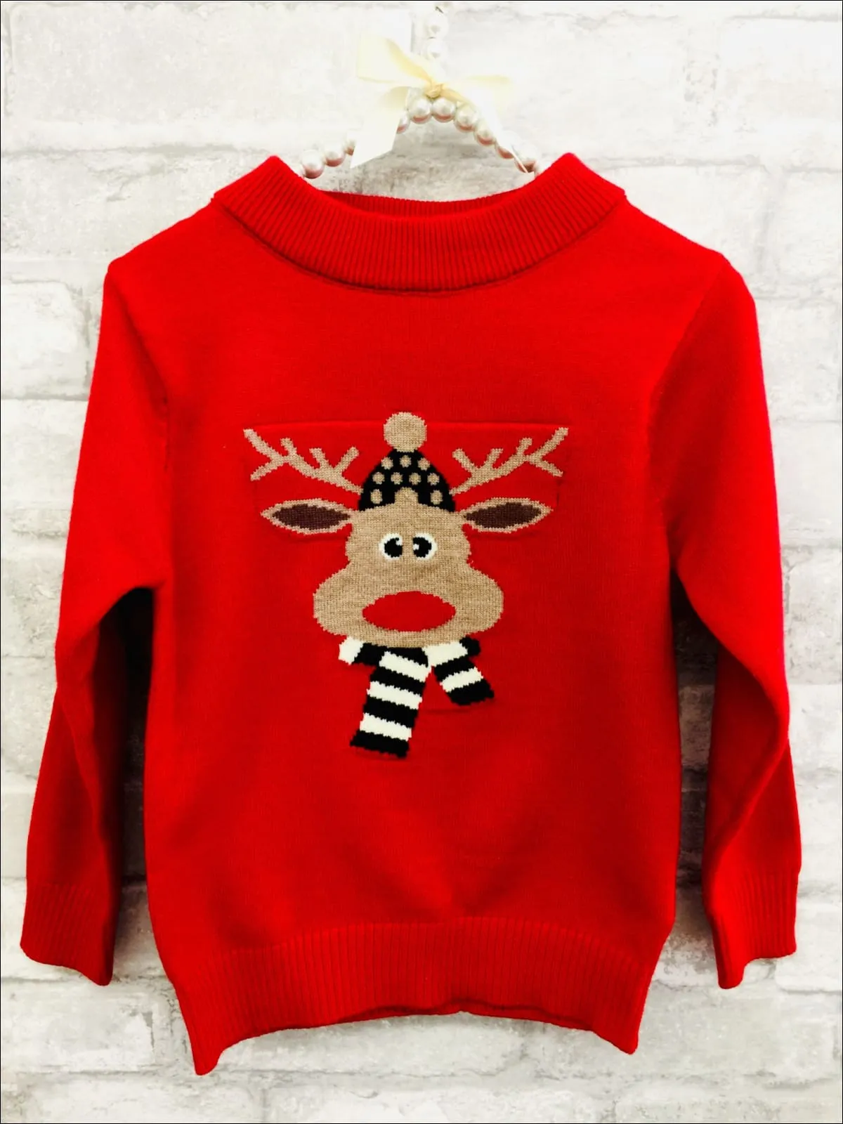 Girls Red Rudolph Print Cowl Neck Christmas Sweater