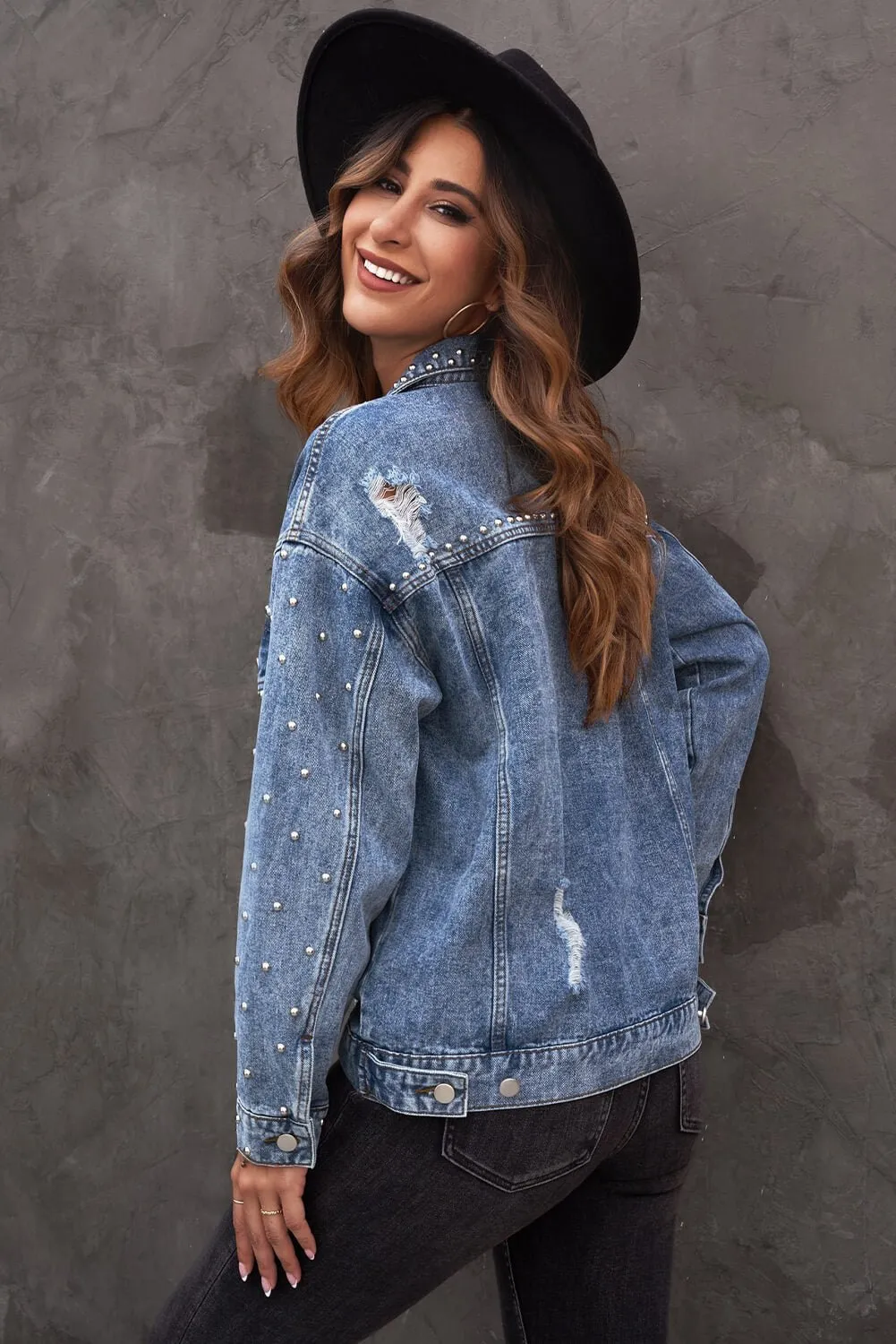 Hello Mellow Studded Button Down Denim Jacket