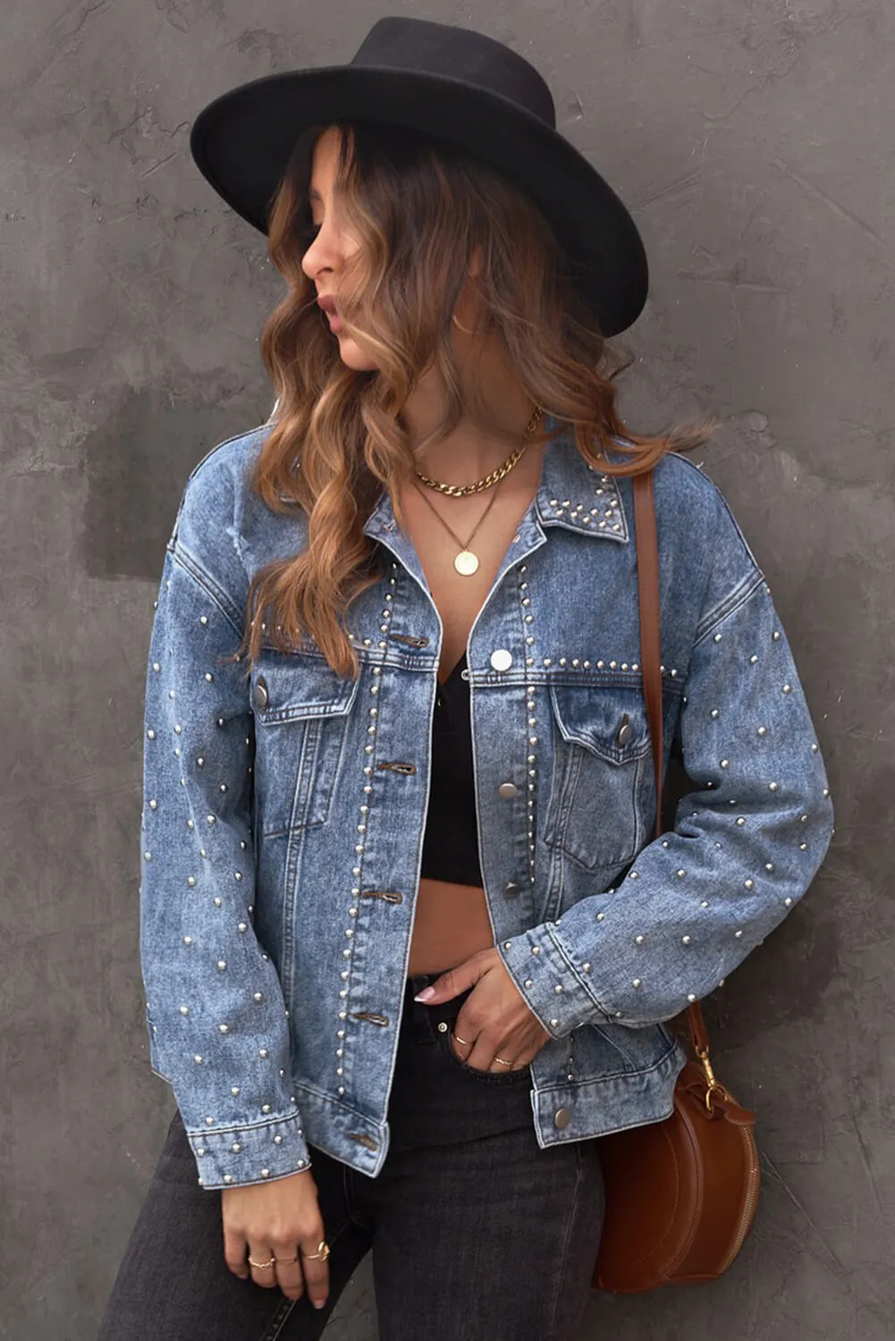 Hello Mellow Studded Button Down Denim Jacket