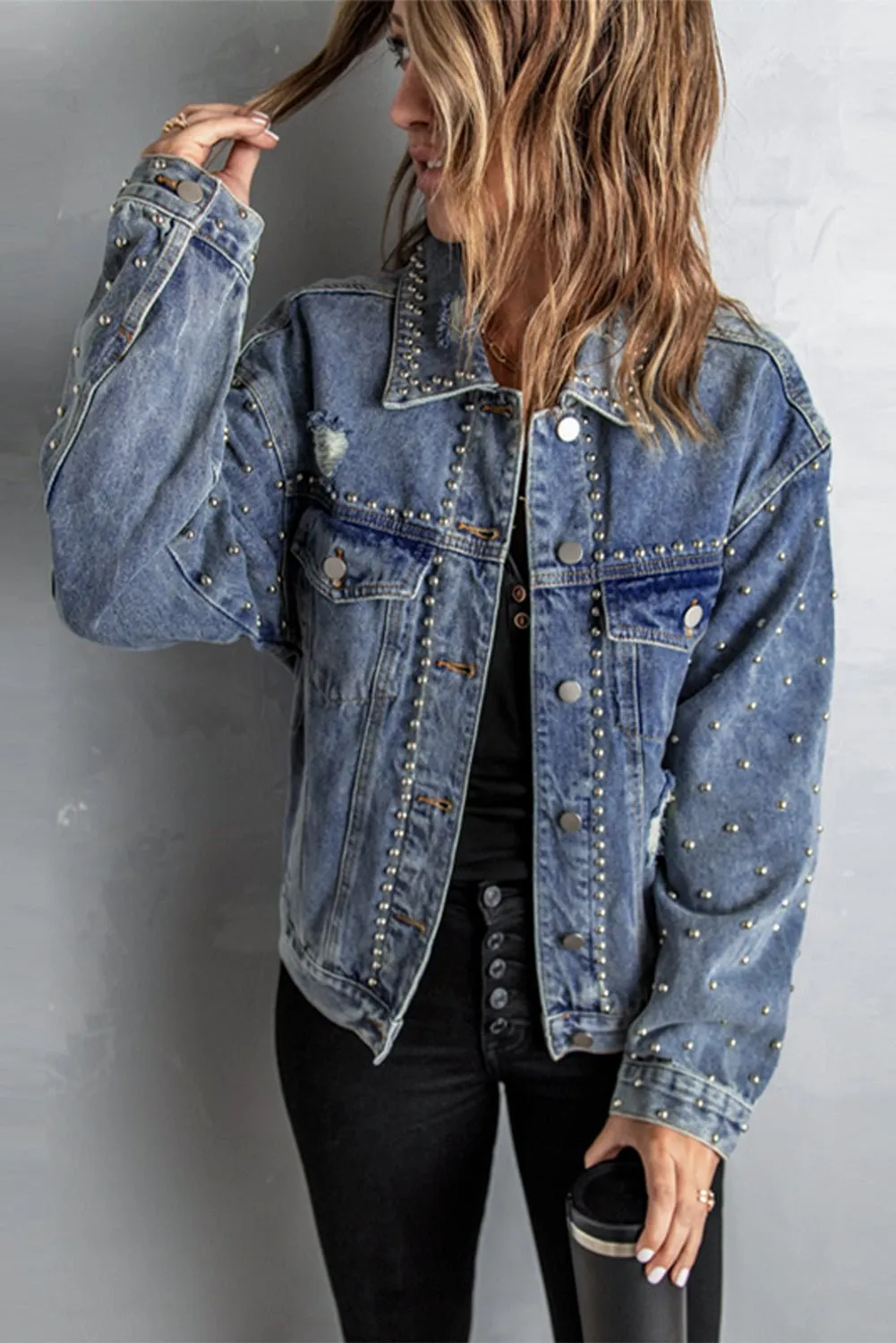 Hello Mellow Studded Button Down Denim Jacket