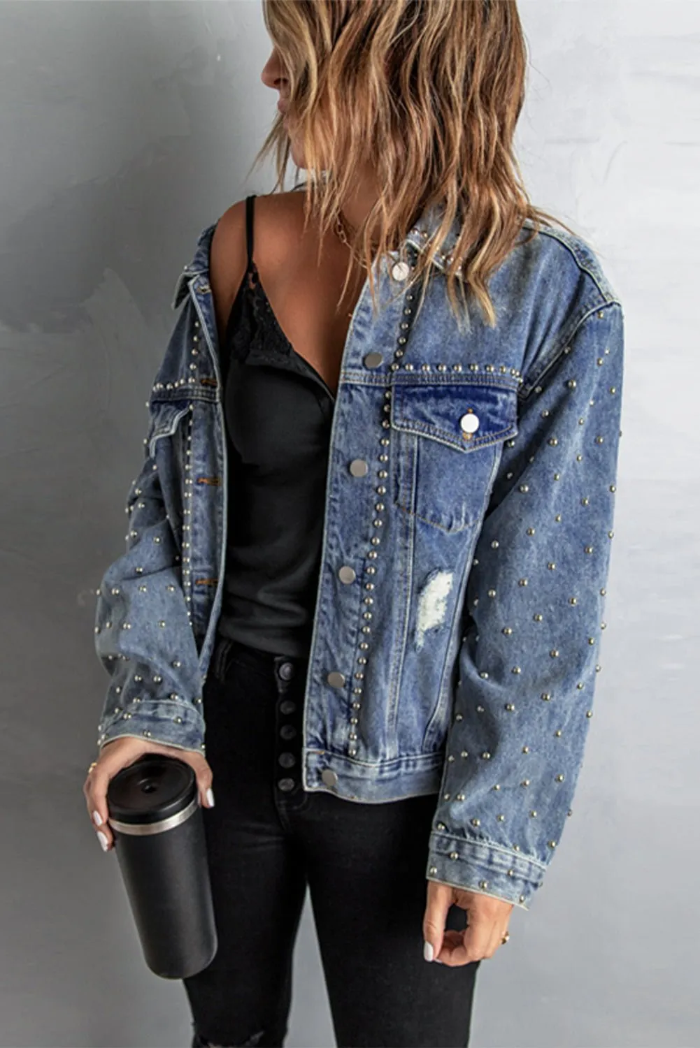 Hello Mellow Studded Button Down Denim Jacket