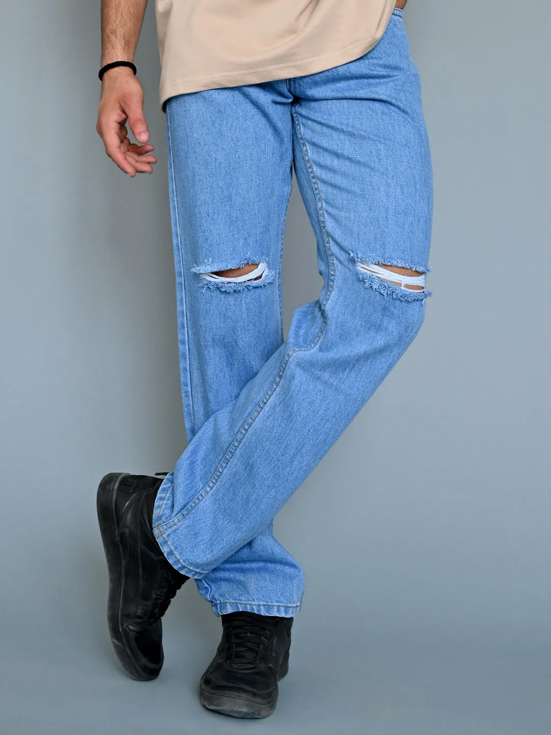 Ice Blue Knee cut Mens Jeans