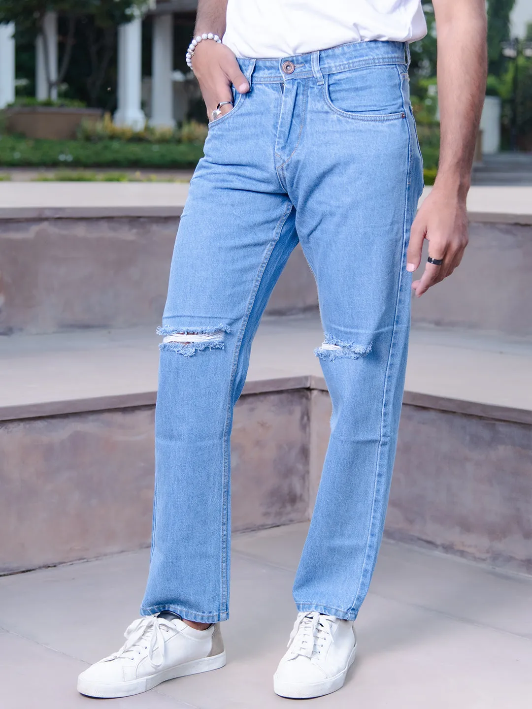 Ice Blue Knee cut Mens Jeans