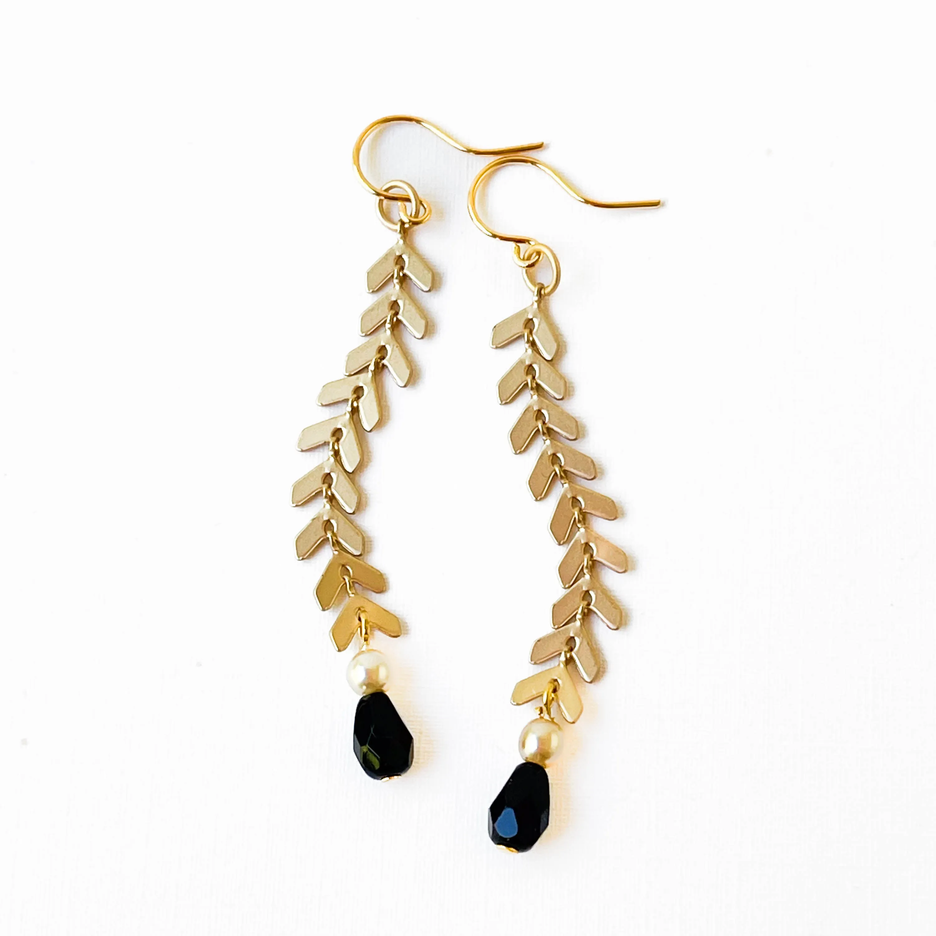 Long Gold Chevron Earrings with Pearl and Black Beads