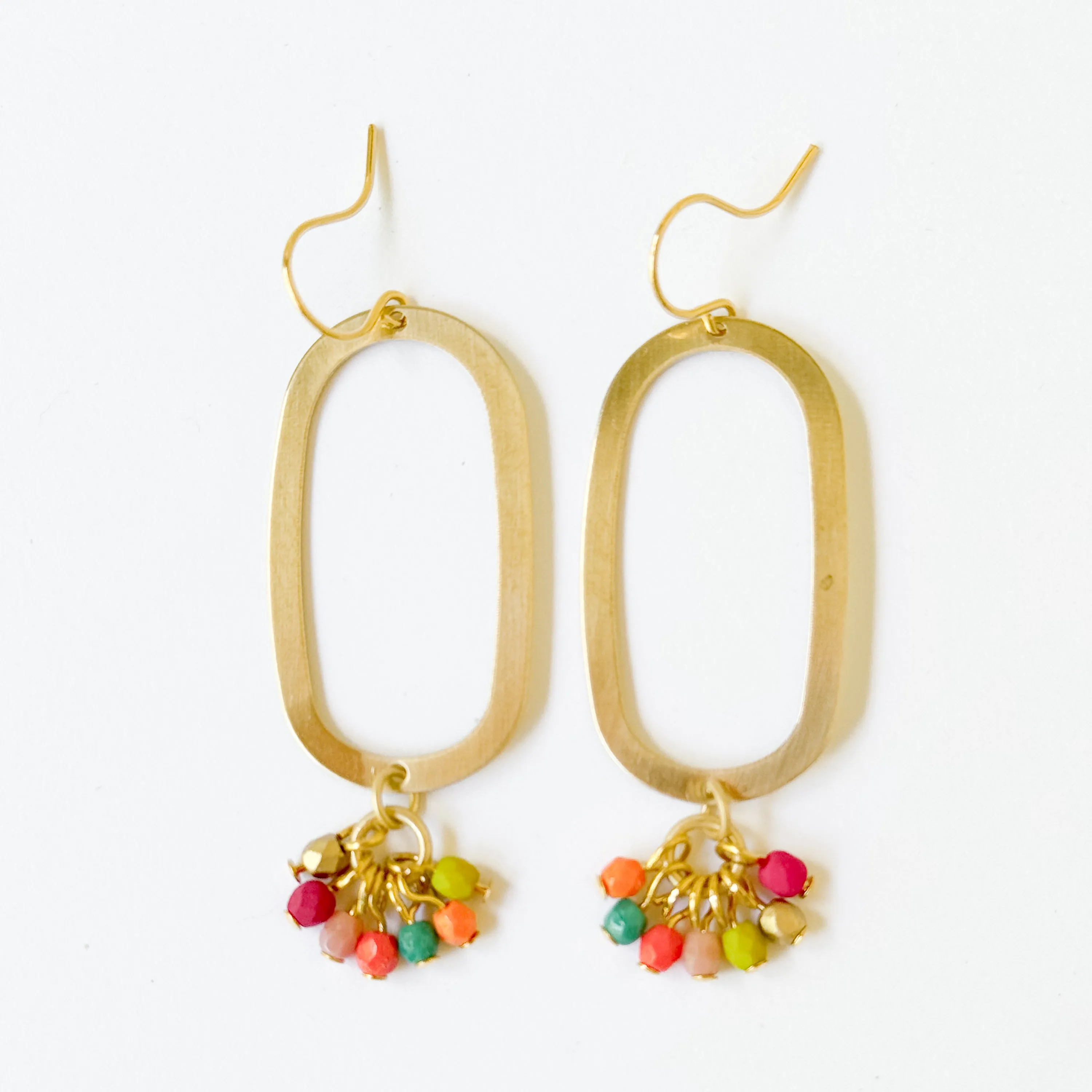 Long Oval Brass Earrings With Tiny Colorful Beaded Clusters