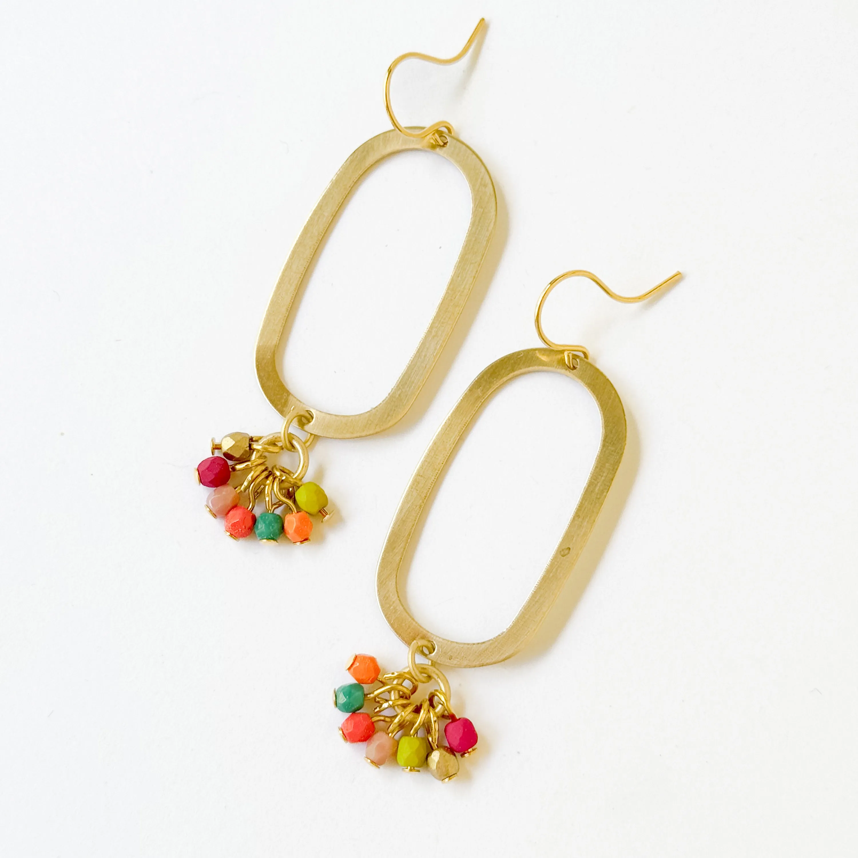 Long Oval Brass Earrings With Tiny Colorful Beaded Clusters