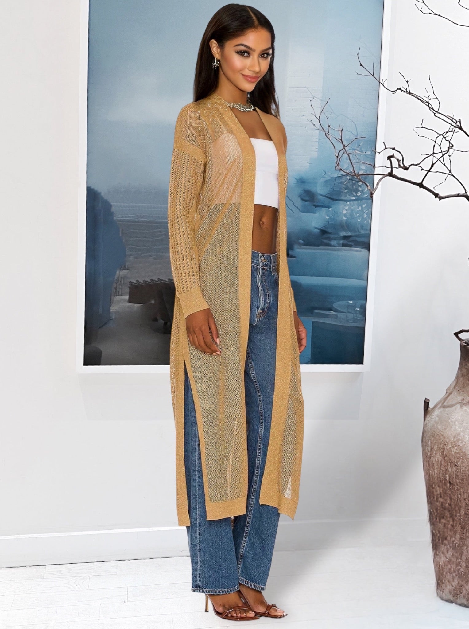 Long Sheer Mesh Cardigan with Shimmer