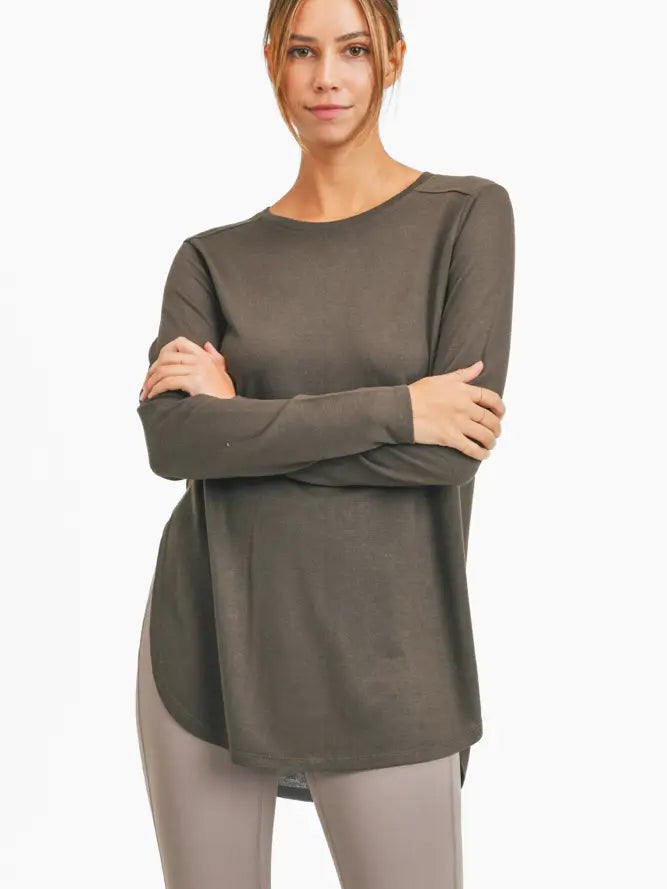 Long Sleeve Flow Top with Side Slit- Dark Olive