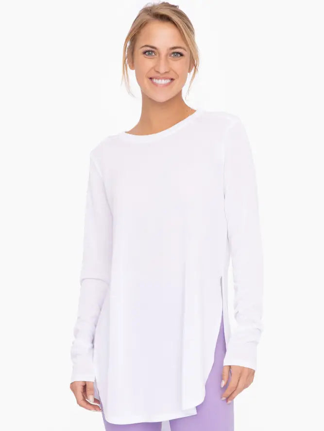 Long Sleeve Flow Top with Side Slit- White