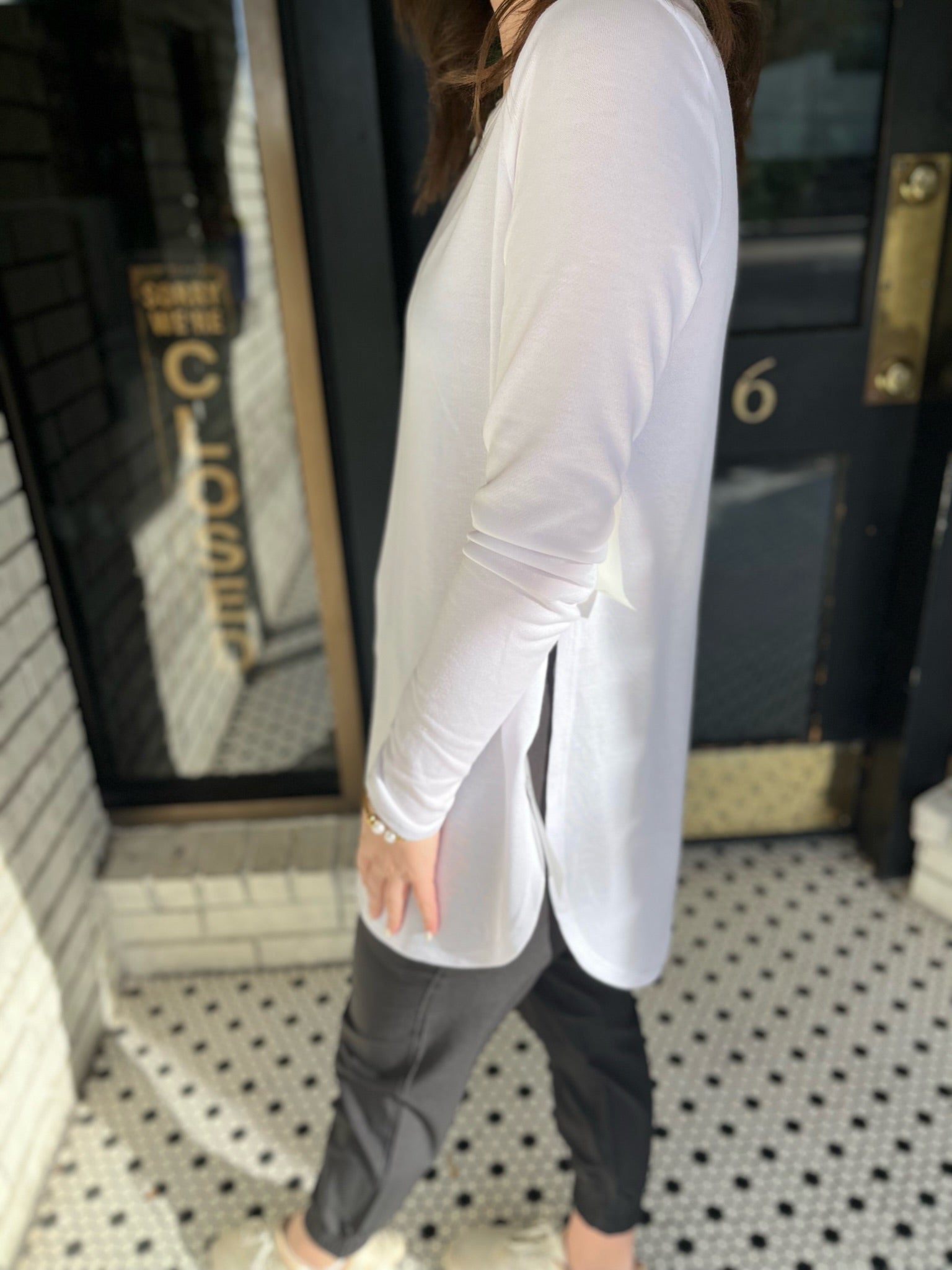 Long Sleeve Flow Top with Side Slit- White