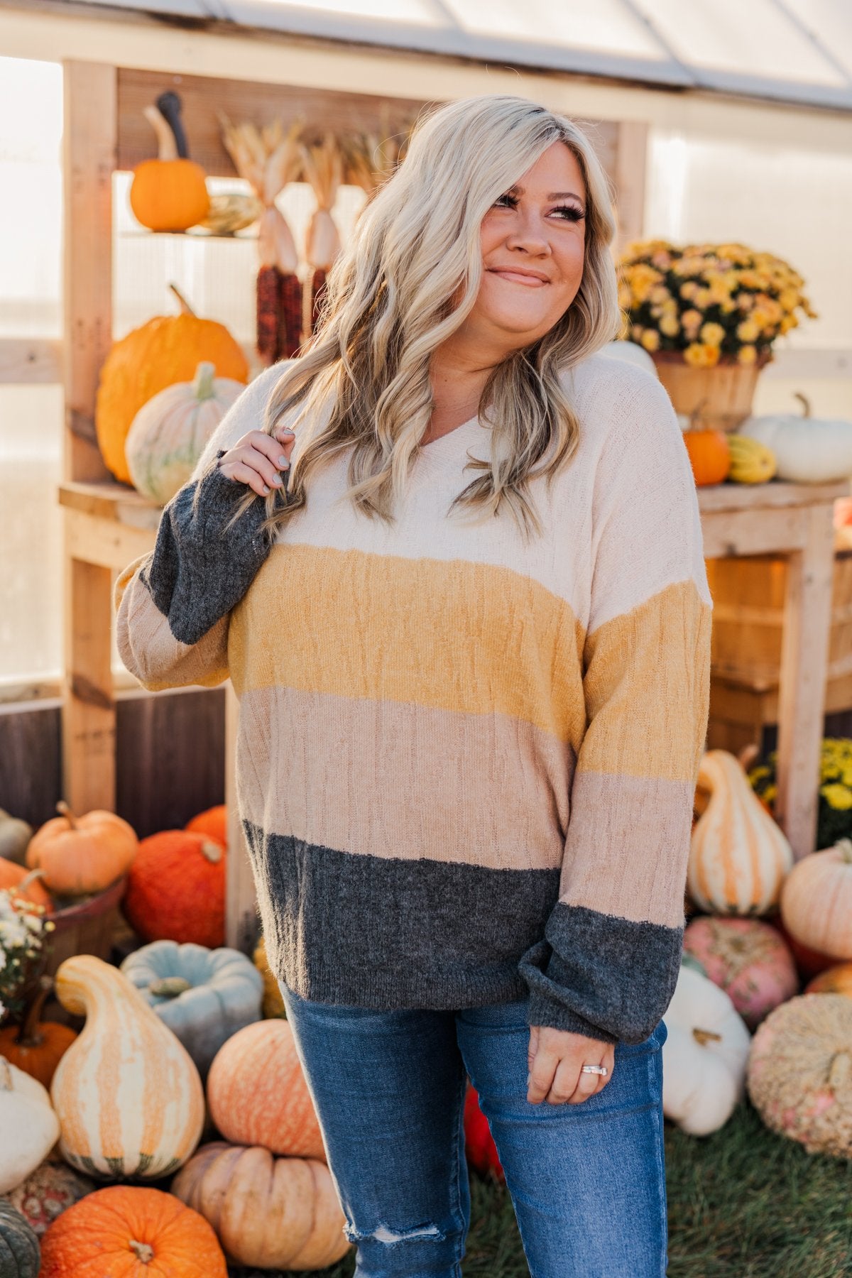 Make A Scene V-Neck Sweater- Cream, Marigold, Taupe, & Charcoal