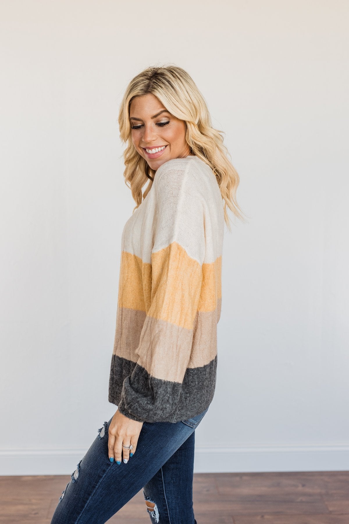 Make A Scene V-Neck Sweater- Cream, Marigold, Taupe, & Charcoal