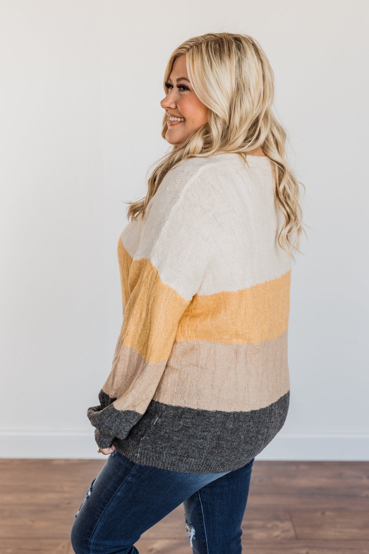 Make A Scene V-Neck Sweater- Cream, Marigold, Taupe, & Charcoal